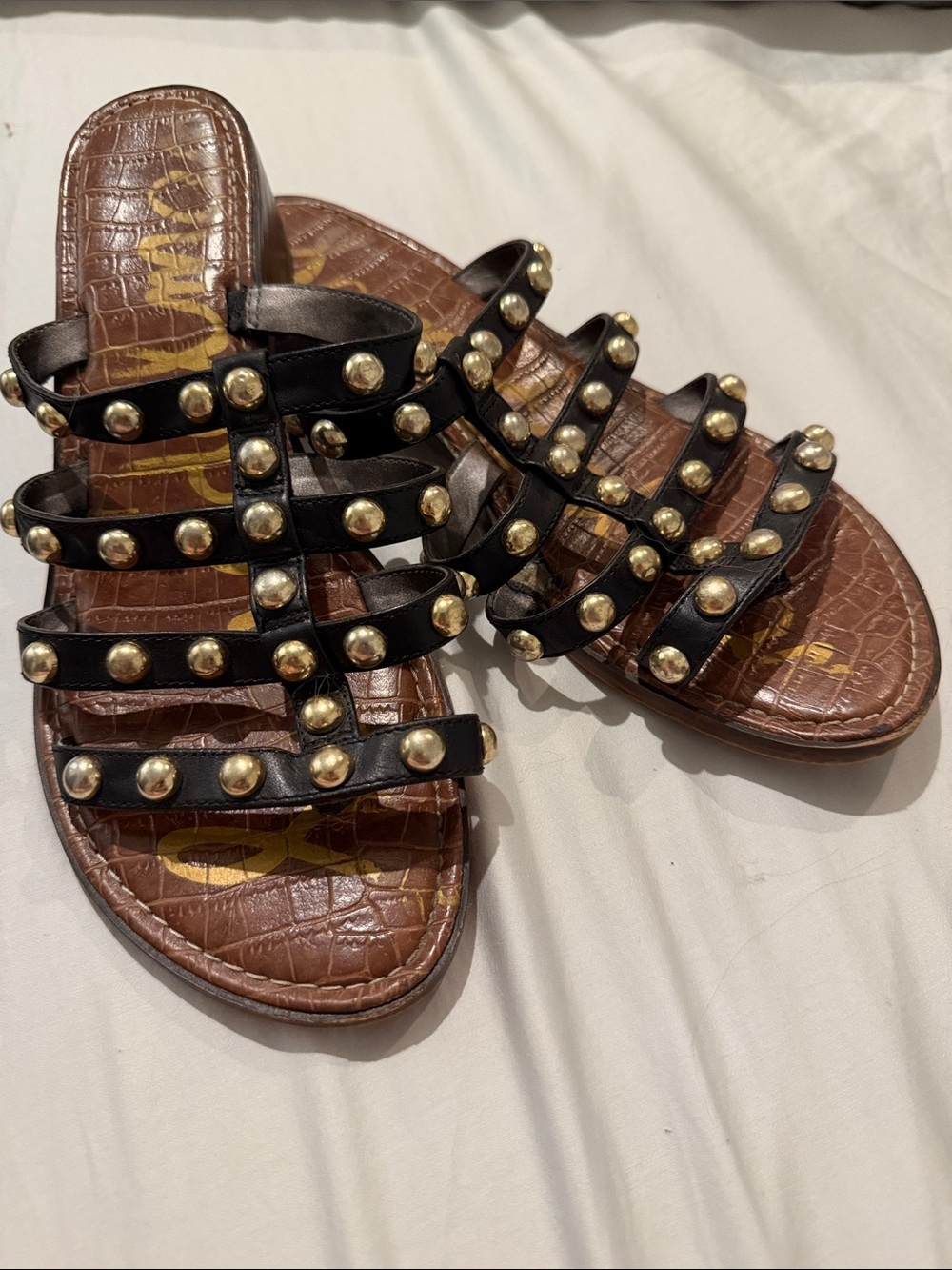 Sam Edelman Black Leather Slide Sandals with Gold Studs